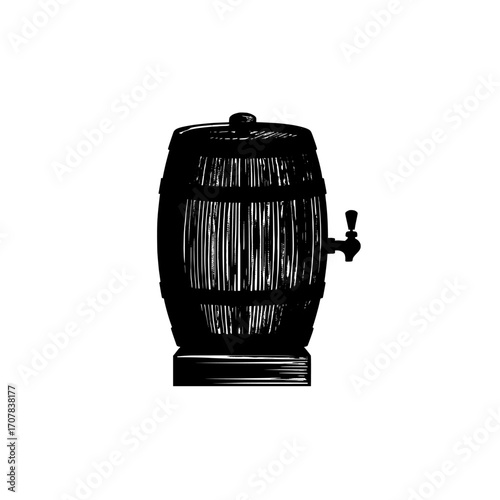 A wooden barrel for wine, beer, or whiskey, featuring a realistic oak wood cask with copper or iron rings, a stopper, and a tap, suitable for rum or cognac, isolated on a transparent background as a