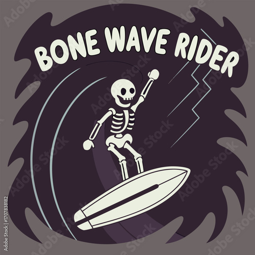 Bony skeleton joyfully rides the wave on a surfboard, embracing the thrill under lightning