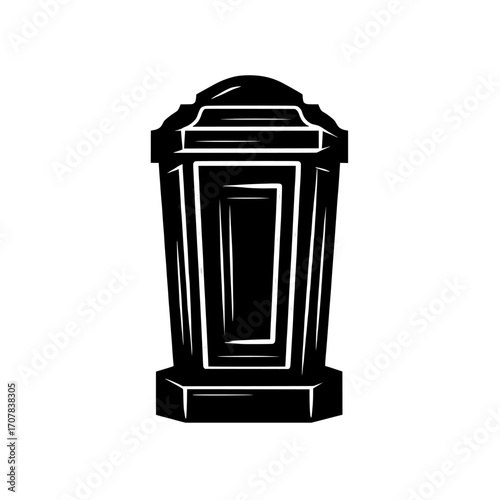 A modern cartoon of a cemetery symbol, such as a stone tomb or sarcophagus, is depicted in a contemporary style