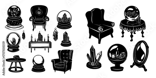 A magic ball, crystal, and mirror are among the fortune teller accessories and modern cartoon objects shown with palmistry hand, mystic gemstones, candles, a table, and armchair isolated on white