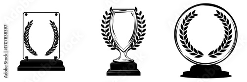 A realistic modern illustration of a glass award trophy or winner prize, featuring a transparent crystal plate or acrylic diamond frame adorned with a laurel wreath, sits atop a wooden pedestal in a