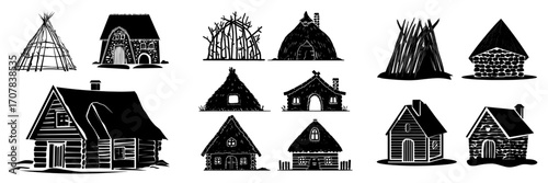 The evolution of residential architecture is depicted in a modern cartoon illustration, showcasing the development of human dwellings from primitive branch huts to medieval rural houses and old stone