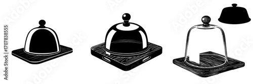 A realistic modern illustration features a vintage glass dome and an old wooden tray