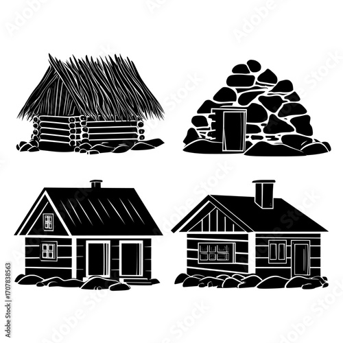 The process of human home development is illustrated in a modern cartoon, evolving from basic branch huts through medieval rural houses and old stone mansions to modern concrete villas