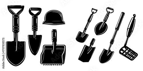 Modern excavation tools depicted in a set of cartoon illustrations
