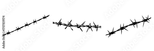 A realistic seamless modern illustration of metal steel barbed wire featuring thorns or spikes, isolated on a transparent background, serves as a fencing or barrier element for danger industrial
