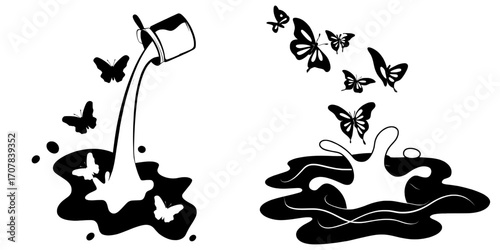 The image of milk pouring splash swirl shape and white liquid silhouettes of flying butterflies isolated on gray wavy background serves as a design element for natural dairy products or cosmetics