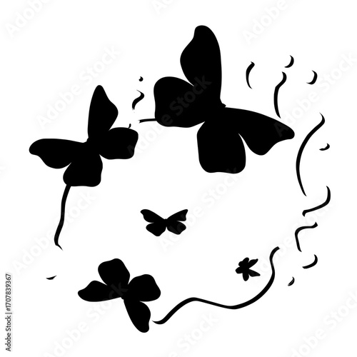 White liquid silhouettes of flying butterflies and a milk splash swirl shape are depicted on a blurred gray background with wavy patterns