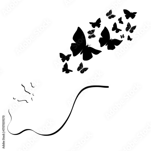 Isolated on a shining background are silhouettes of flying butterflies with milk pouring in a splash swirl shape and white liquid