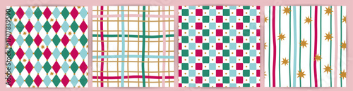 Set of cute hand draw christmas seamless pattern with stars. Simple geometric background of festive carnival ornament. Fabric textile print. Surface cover wrapper design.