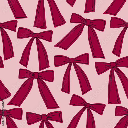 Seamless pattern with red ribbon bows. Modern hand draw design for a poster, sticker, home decor, wrapping paper, gift, greetings. Fabric textile print. Art illustration. Cute female background.