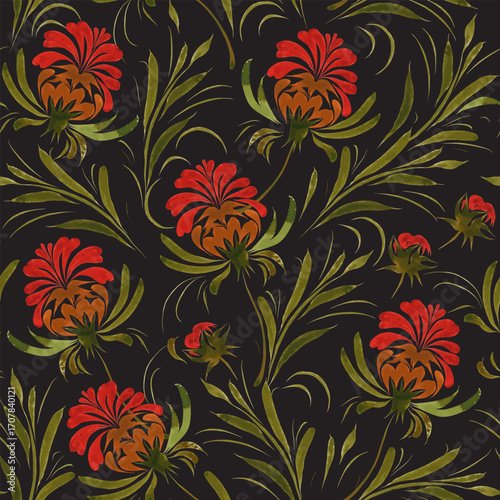 Vector floral seamless pattern from hand painted flowers on a black background