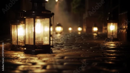 Cobblestone Path Illuminated by Glowing Lanterns at Night