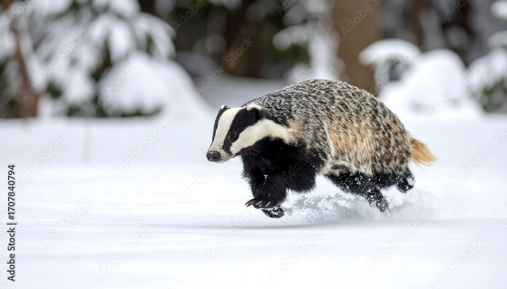 Obraz premium Badger running in snowy forest (1)