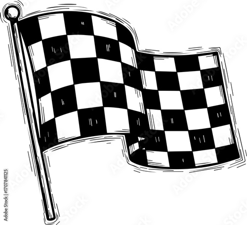 Dynamic checkered flag waves triumphantly signaling race finish and victory celebration