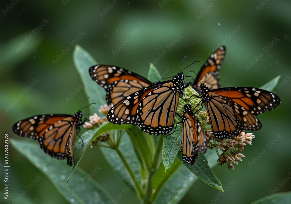 Naklejka premium A cluster of vibrant monarch butterflies resting on a green flowering plant, wings spread.