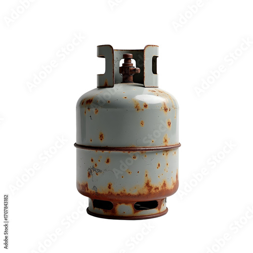 An old, rusty propane gas cylinder with a light bluegrey paint finish, isolated on a transparent background