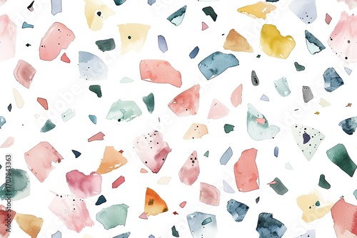 Watercolor-style terrazzo pattern with pastel-colored chips on a white background.  The pattern is seamless and features irregular shapes and sizes