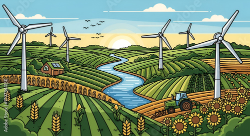 Agricultural landscape with river and wind turbines