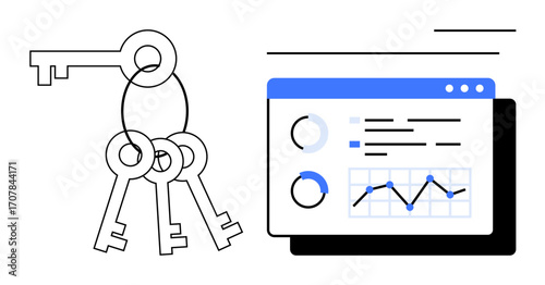 Cluster of keys beside data analytics dashboard with graphs and diagrams. Ideal for security, data management, access, decision making, analytics, technology, and usability themes. Simple flat