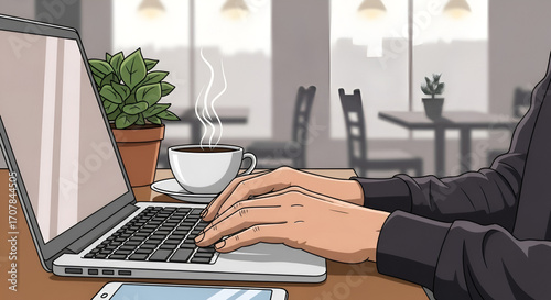 Person working with coffee at laptop
