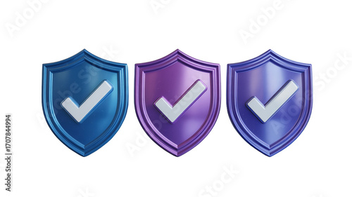 Three shields with check marks represent security and protection assurance online on transparent background