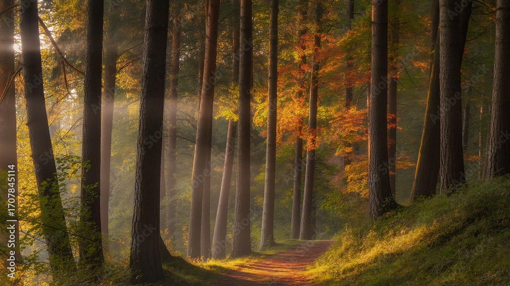 Fototapeta premium Sunbeams Illuminating a Forest Path Lined with Autumn Trees woods trail