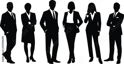 Silhouettes of diverse business professionals standing in formal attire, corporate team concept, confident office workers, modern workplace diversity and teamwork