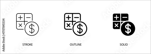Calculator and money icons for cashier, prepare the bill, accountant. Vector stroke, outline and solid icons. Eps10.