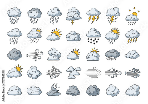 Forecast iconic weather symbols for apps, education, or fun designs of sun, rain, clouds, lightning, wind