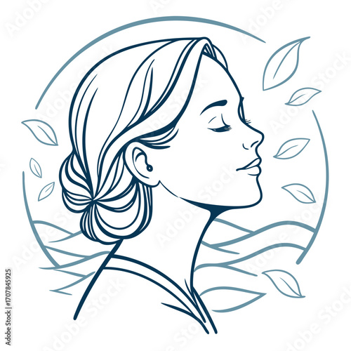Serene woman profile with flowing hair and leaves