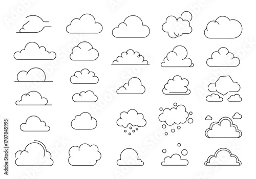 Cloud outline icons collection for weather forecast design with simple clean vector shapes and graphic elements