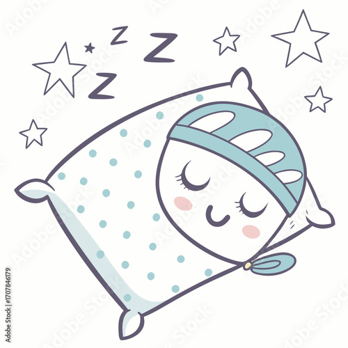 Cute cartoon character sleeping peacefully on a polka dot pillow with stars