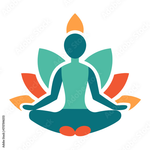Stylized person meditating in lotus pose with colorful lotus petals