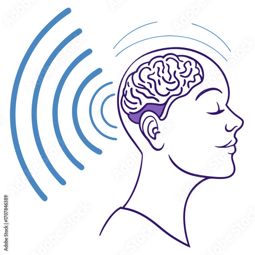 Illustration of a human head with brain and sound waves emanating