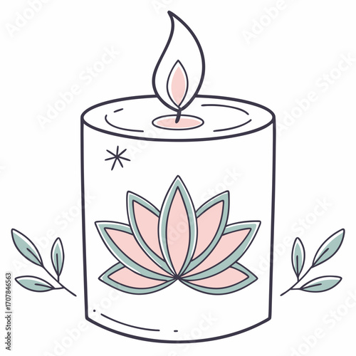 Hand drawn candle with lotus flower and leaves for spa and wellness