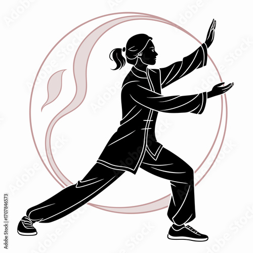 Silhouette of a woman practicing tai chi with a yin yang symbol