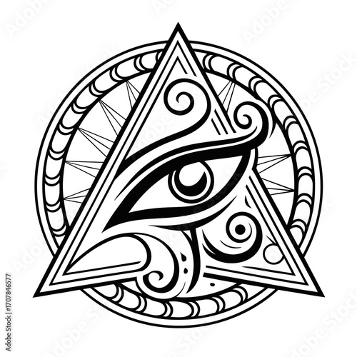 Stylized eye of horus within a triangle and circle emblem