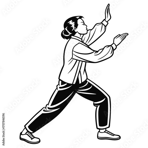 Woman practicing martial arts in a dynamic pose