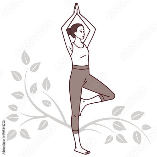 Woman practicing tree pose yoga with branch and leaves illustration