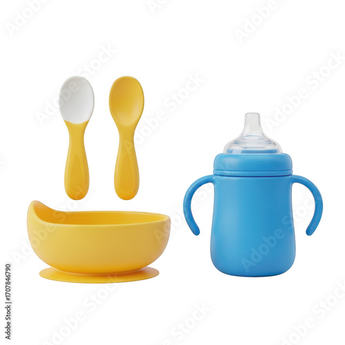 Bright yellow baby bowl and spoons next to blue sippy cup set transparent background