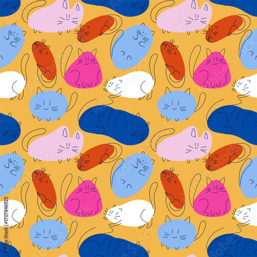 Seamless pattern with colorful abstract cats on yellow background for fabric, wallpaper, and gift wrap.