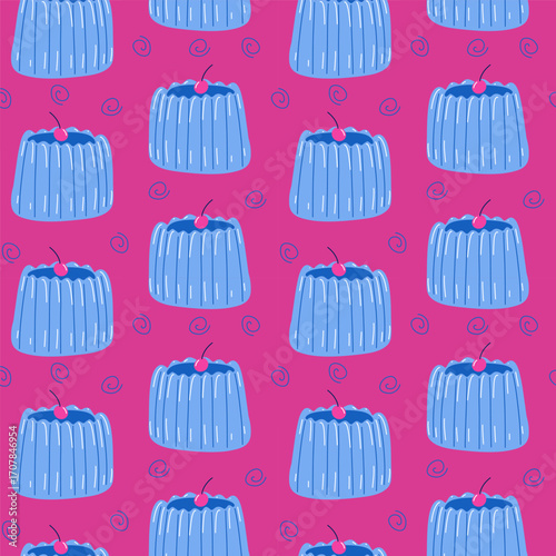 Seamless pattern with blue jelly pudding desserts, sweet cartoon background vector illustration.