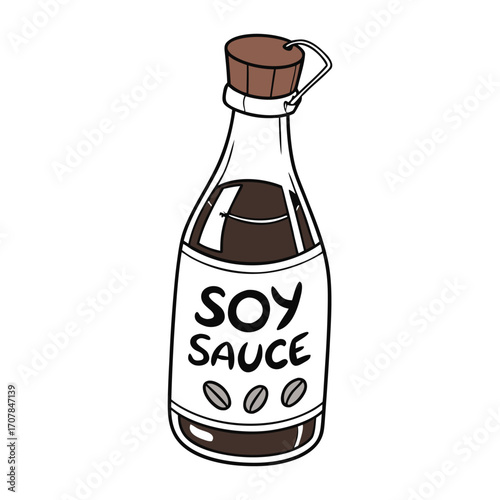 Soy Sauce Bottle With Spilled Sauce And Scattered Beans Keywords: soy sauce, bottle, pouring, spilled