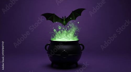 A black cauldron with green potion and bubbles with a bat flying above on a purple background scene