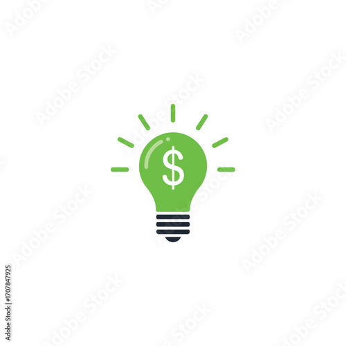 Vector icon of a green lightbulb with a dollar sign representing financial ideas, economic innovation, and profitable business solutions. Flat design for finance concepts