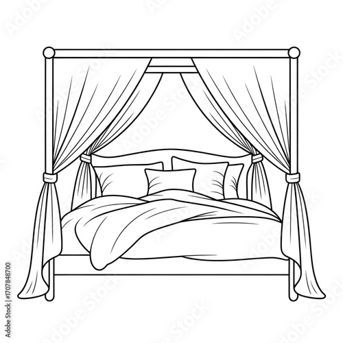Elegant Bed with Canopy and Curtains Illustration – Bedroom Decor, Luxury, Sleep, Interior Design, Bedding Coloring page