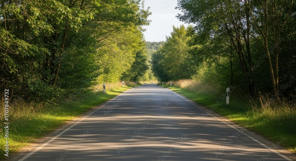 Obraz premium Tree-lined road disappears into distance, bathed in golden sunlight. Peaceful, green, and natural