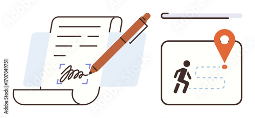 Pen signing a document with a squiggle style signature alongside a person navigating a dotted path toward a destination marker. Ideal for business processes, contracts, digital workflow, journey