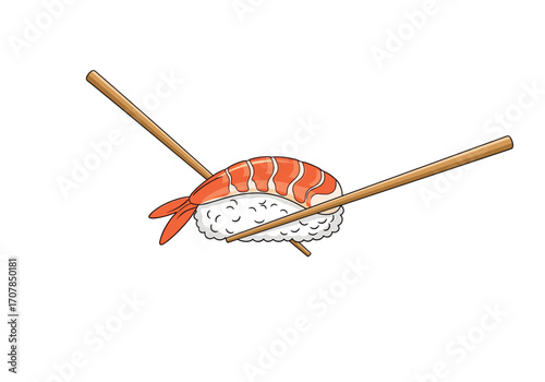 Delicious shrimp nigiri sushi with chopsticks, a fresh and vibrant Japanese cuisine delight